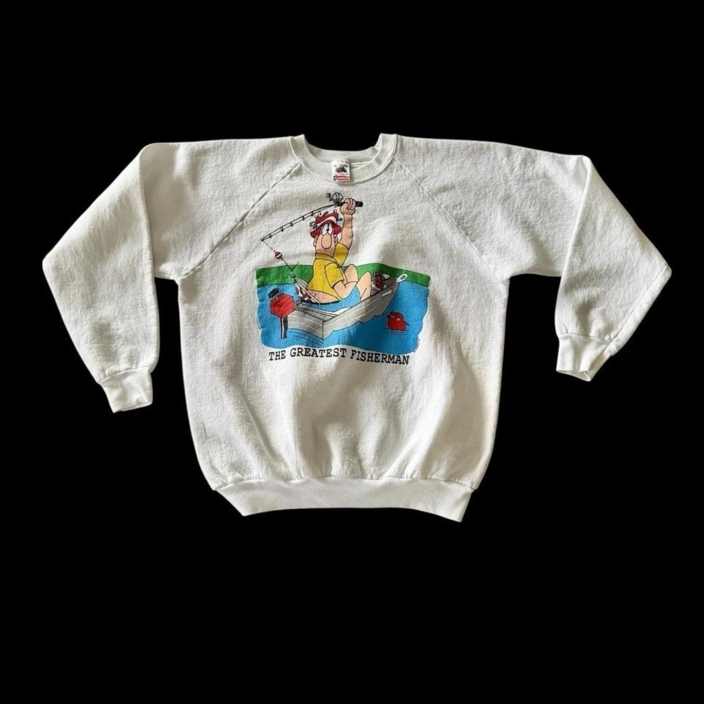 Sharky's 1989 Sweatshirt Sz XL Fishing Art‎ Funny Comic Raglan Sleeve White - Picture 3 of 8